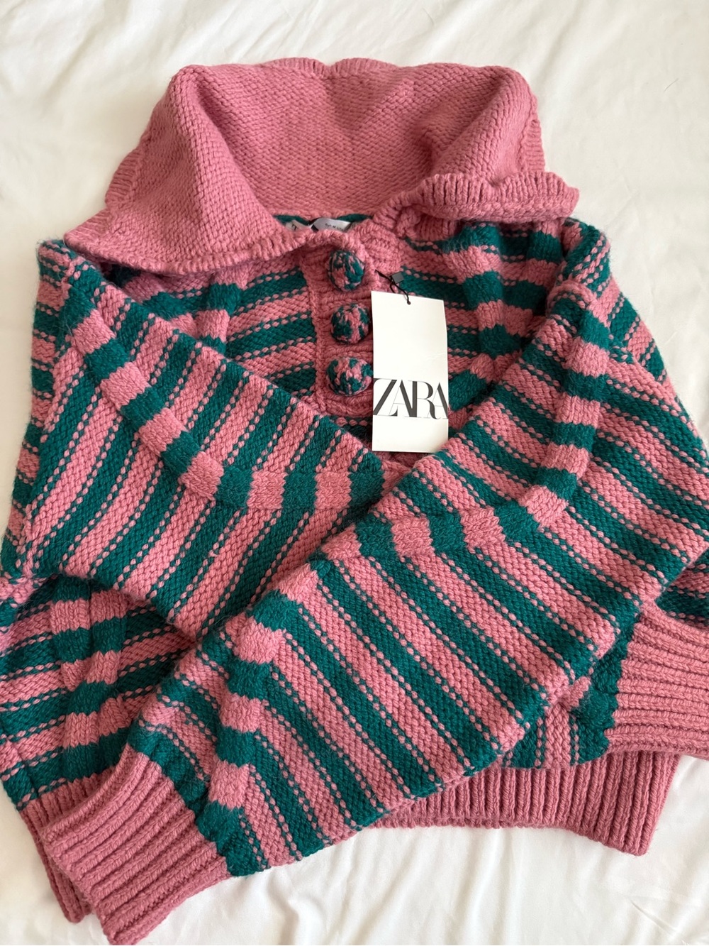 Zara Pink and Teal Striped Foldover Turtleneck Sweater